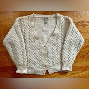 Vintage Hand Knitted Cream Wool Cardigan Sweater Large